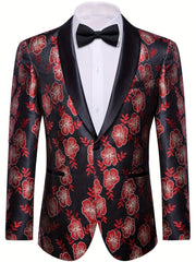 A black blazer with a red floral jacquard pattern, featuring a black shawl lapel and one button.