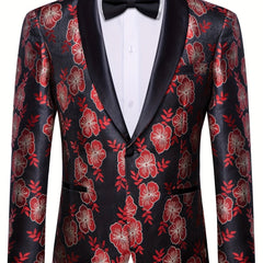 A black and red floral jacquard blazer featuring a shawl lapel and a single button closure.