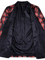 A black blazer with a red floral jacquard pattern, shawl lapel, and smooth interior lining.
