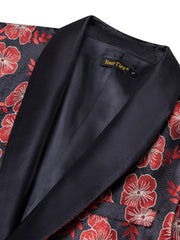 A black blazer with a red floral jacquard pattern and a solid black shawl lapel.