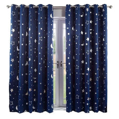 Navy blue blackout curtains featuring a silver star and moon pattern with grommet tops.