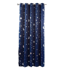 A navy blue blackout curtain panel featuring a silver star and moon print with metal grommets.