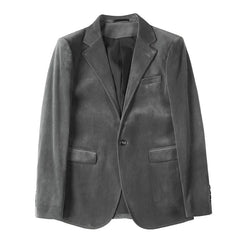 A grey velvet single-button blazer for men with a slim fit and notched lapels.