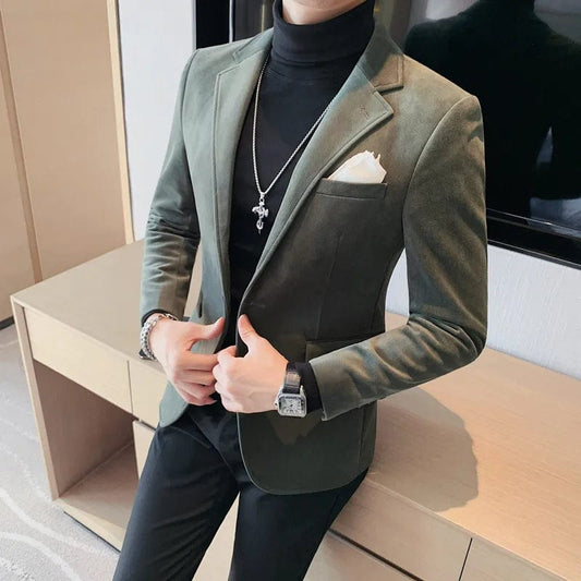 Blazer Hombre Autumn Winter New Fashion Velvet Blazer Jackets For Men Korean Luxury Clothing Slim Fit Formal Suit Coats Black - SHOWLU FASHION STORE