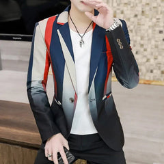 A slim-fit men's blazer featuring a vertical striped pattern that fades into a solid black hem.