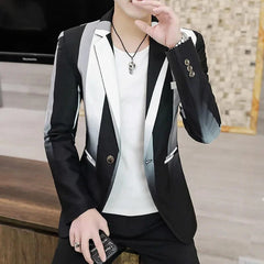 A slim-fit men's blazer featuring a black and white gradient striped pattern and a single button.