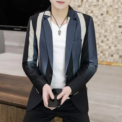 A slim-fit men's blazer featuring a color-blocked design with vertical stripes in blue and black.