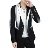 A slim-fit men's blazer featuring a black and white gradient stripe design.