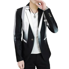 A slim-fit men's blazer featuring a black and white gradient stripe design.