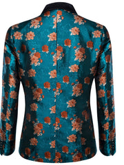 A teal floral jacquard blazer with a black shawl lapel shown from the back.