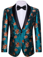 A teal floral jacquard blazer featuring a black shawl lapel and a single button closure.