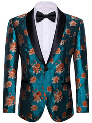 A teal floral jacquard blazer featuring a black shawl lapel and a single button closure.