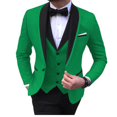 A three-piece green tuxedo suit featuring a black shawl lapel, vest, and bowtie.