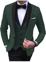 A three-piece dark green tuxedo with a black shawl lapel, vest, and bow tie.