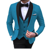 A three-piece blue suit featuring a black shawl lapel, a matching vest, and a black bow tie.