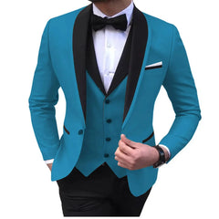 A three-piece blue suit featuring a black shawl lapel, a matching vest, and a black bow tie.