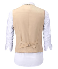 A beige men's suit vest shown from the back, featuring an adjustable buckle strap at the waist.