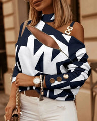 Blusa holgada de manga larga con cuello Halter para mujer, camisa Sexy con hombros descubiertos y estampado Vintage para oficina - SHOWLU FASHION STORE