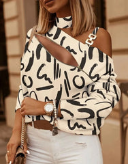 Blusa holgada de manga larga con cuello Halter para mujer, camisa Sexy con hombros descubiertos y estampado Vintage para oficina - SHOWLU FASHION STORE