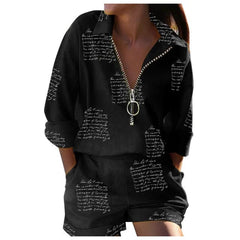 Boho Casual Loose Print Shorts Set Women Spring Summer Zipper Shirt And Shorts Two Piece Sets Office Lady Elegant Letter Suits - SHOWLU FASHION STORE