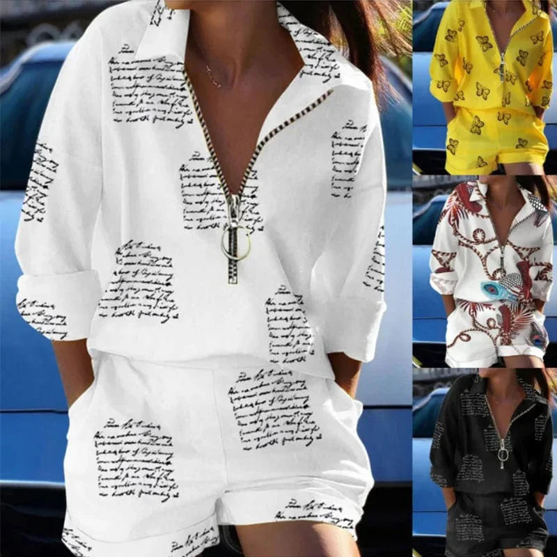 Boho Casual Loose Print Shorts Set Women Spring Summer Zipper Shirt And Shorts Two Piece Sets Office Lady Elegant Letter Suits - SHOWLU FASHION STORE