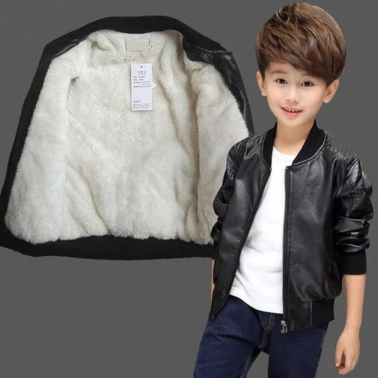 Boys Coats Autumn Winter Fashion Children's Plus Velvet / No Velvet Two styles Warming Cotton PU Leather Jacket For 1 - 11Y Kids - SHOWLU FASHION STORE
