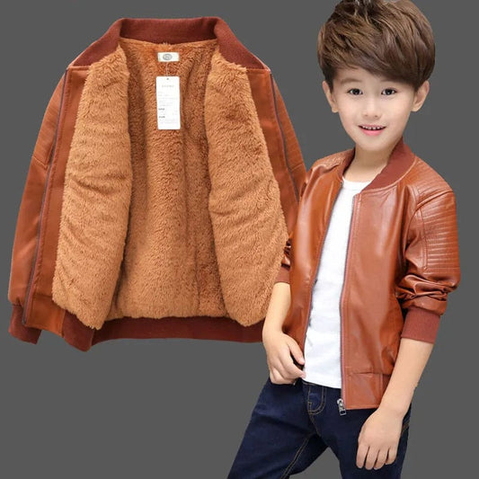 Boys Coats Autumn Winter Fashion Children's Plus Velvet / No Velvet Two styles Warming Cotton PU Leather Jacket For 1 - 11Y Kids - SHOWLU FASHION STORE