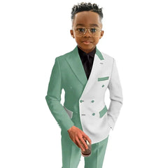 A young boy wears a two-tone, double-breasted suit jacket and matching pants in green and white.
