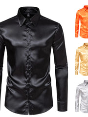 A long-sleeved, glossy satin button-down shirt for men shown in black, orange, gold, and silver.
