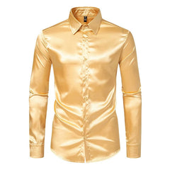 A long-sleeved, gold-colored men's button-down shirt made of glossy, mercerized satin fabric.