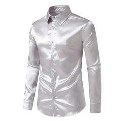 A long-sleeved, silver-colored satin button-down shirt with a classic collar.