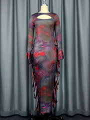 A brown printed ankle-length sheath dress with long sleeves, a chest cutout, and side ruffles.