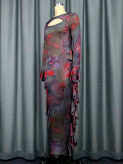 A brown printed sheath dress with a cutout neckline, long sleeves, and ruffled side details.