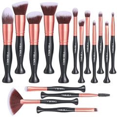 A set of sixteen BS-MALL makeup brushes with black handles, rose gold ferrules, and synthetic hair.