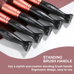 A set of BS-MALL makeup brushes with ergonomic black handles designed to stand upright.