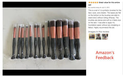 A set of fourteen synthetic makeup brushes with black handles and rose gold ferrules.