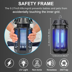 A black electric bug zapper with a protective grid and UV light, shown with dimensions.