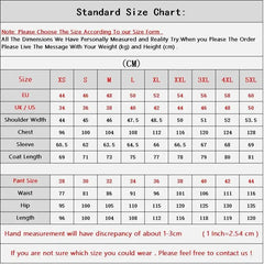 A size chart table for men's suits listing measurements in centimeters for sizes XS to 5XL.