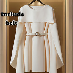 An elegant apricot A-line dress with a round neck, cape-style sleeves, and an included belt.