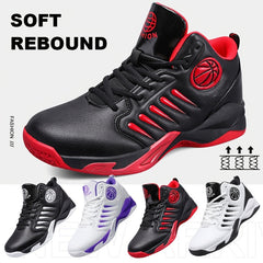 A collection of high-top basketball shoes in various color combinations featuring a basketball logo.