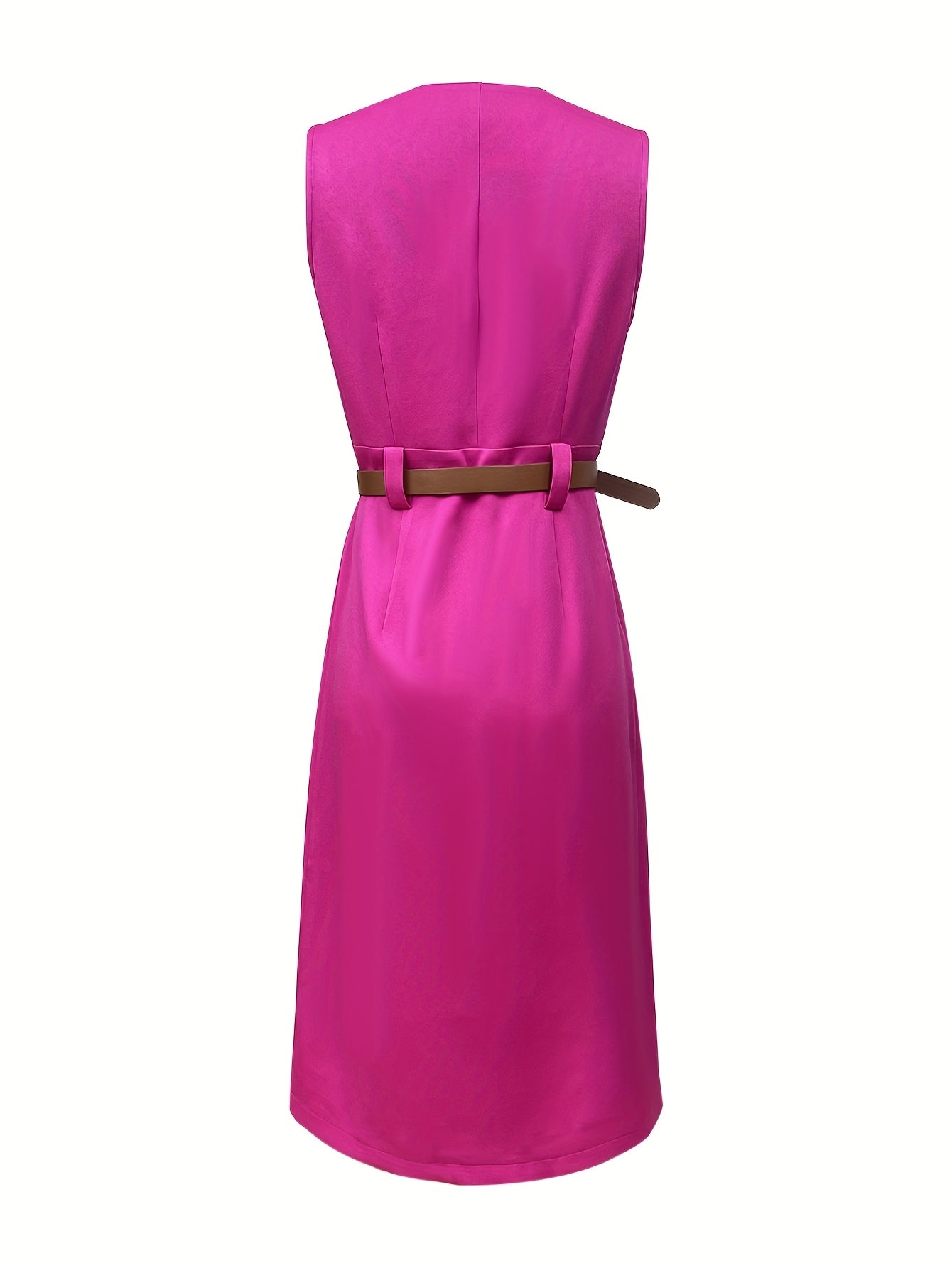 A sleeveless, fuchsia pink midi dress with a V-neckline and a brown belt at the waist.