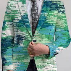 A men's regular fit party blazer featuring a blue and green abstract stripe print.