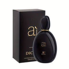 A black perfume bottle and its matching box with gold lettering on a white background.