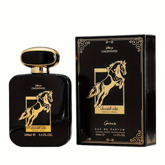 A black bottle and matching box of Qaed Al Fursan perfume featuring a gold horse emblem.