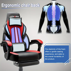 A black and red ergonomic gaming chair with a footrest, headrest, and lumbar support.