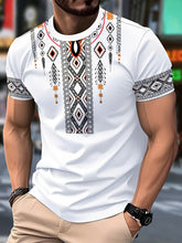 A white men's crew neck t-shirt featuring a vibrant geometric tribal print on the chest and sleeves.