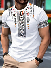 A white men's crew neck t-shirt featuring a vibrant geometric tribal print on the chest and sleeves.