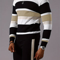 Men's Striped Color-Block Ribbed Knit Sweater - Long Sleeve Round Neck Pullover with Elastic Comfort Fit, Machine Washable Casual Fall Winter Top in Black/White/Green/Beige, Knit Sweater, Medium Elasticity