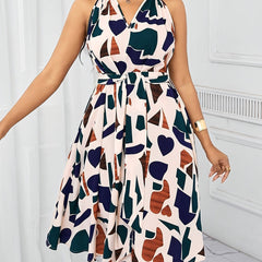 Women's Casual Summer Dress - Notch V-Neck Geometric Print with Bow Waist Tie, Lightweight Machine-Washable A-Line Silhouette for Spring/Summer, Versatile for Casual & Semi-Formal Occasions, Cute Summer Dresses