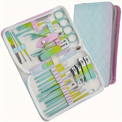 A 30-piece professional manicure and pedicure set in a pastel gradient storage case.